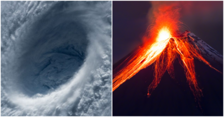 Hurikán a aktivní sopka, dva živly děsivé samy o sobě. Jak by to vypadalo, kdyby se spolu setkaly?