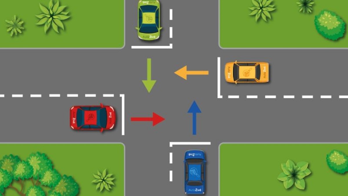 Které z aut pojede jako první? 98 % řidičů tuto záludnou otázku nevyřeší a přijde o řidičák. Test křižovatky z autoškoly