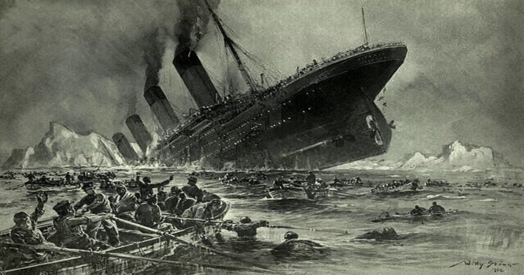 Obrázek potápějícího se Titanicu.